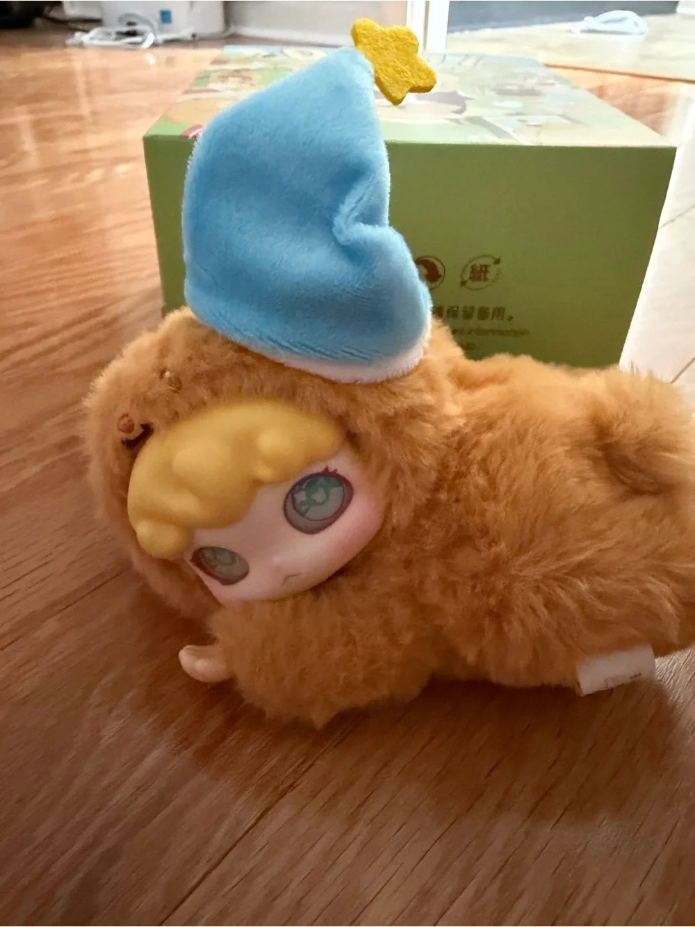 Plush Small Pet Toy in Tan Fur with Blue Hat
